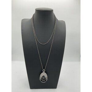 Long Silver Tone Necklace With Lobster Clasp & Rhinestone-Studded Pendant